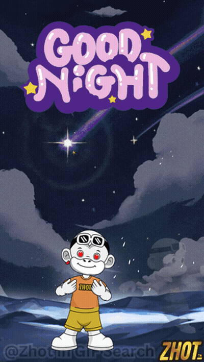 A Cartoon Character Is Standing In Front Of A Purple Sign That Says " Good Night " GIF