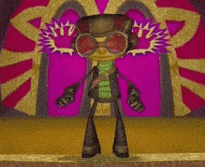 A Cartoon Character Is Standing In Front Of A Purple Wall And Pointing At Something . GIF