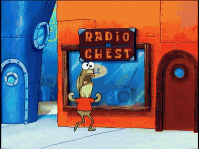 A Cartoon Character Is Standing In Front Of A Radio Chest GIF
