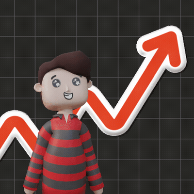 A Cartoon Character Is Standing In Front Of A Red Arrow Pointing Upwards GIF