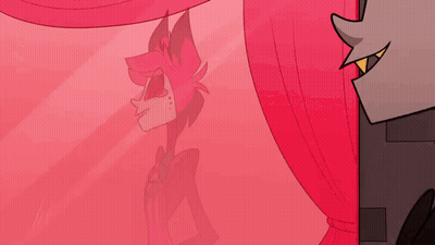 A Cartoon Character Is Standing In Front Of A Red Curtain And Looking At The Camera . GIF