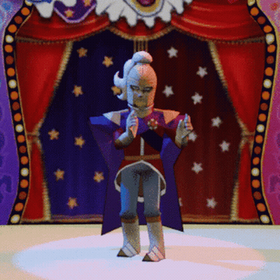 A Cartoon Character Is Standing In Front Of A Red Curtain With Stars On It GIF