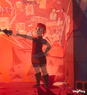 A Cartoon Character Is Standing In Front Of A Red Wall With A Poster That Says The Queen Under GIF