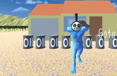 A Cartoon Character Is Standing In Front Of A Row Of Oil Barrels GIF
