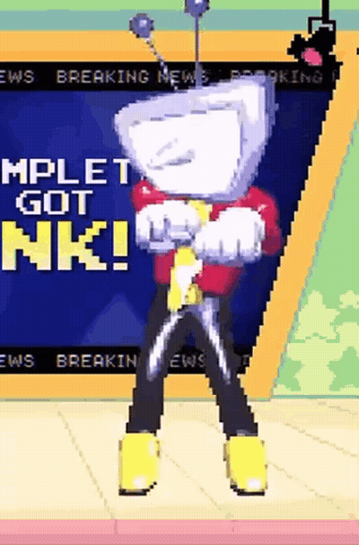 A Cartoon Character Is Standing In Front Of A Screen That Says ' Mplet Got Nk ! ' GIF