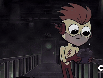A Cartoon Character Is Standing In Front Of A Sign That Says Axis GIF