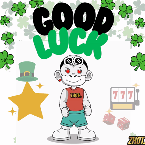 A Cartoon Character Is Standing In Front Of A Sign That Says " Good Luck " GIF