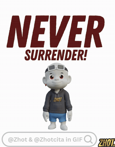 A Cartoon Character Is Standing In Front Of A Sign That Says " Never Surrender " GIF