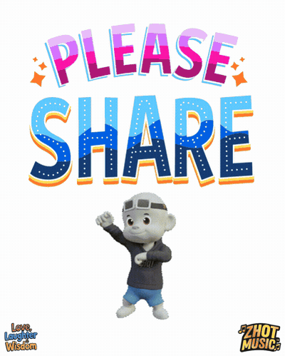 A Cartoon Character Is Standing In Front Of A Sign That Says " Please Share " GIF