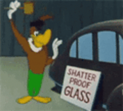 A Cartoon Character Is Standing In Front Of A Sign That Says Shatter Proof Glass GIF