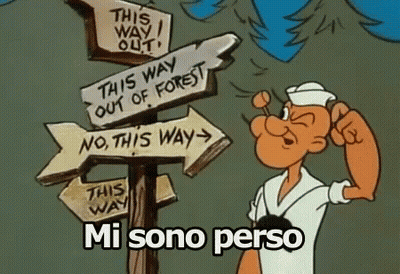 A Cartoon Character Is Standing In Front Of A Sign That Says " This Way Out Of Forest " GIF