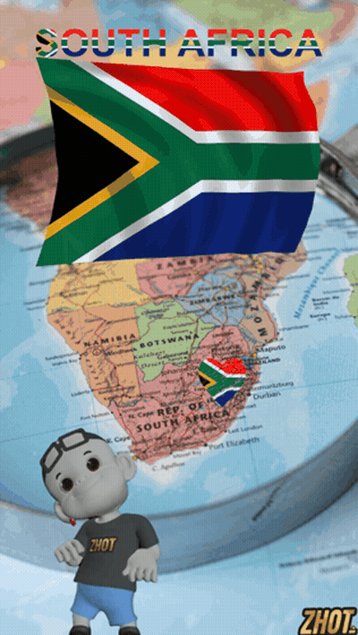 A Cartoon Character Is Standing In Front Of A South Africa Flag On A Map GIF