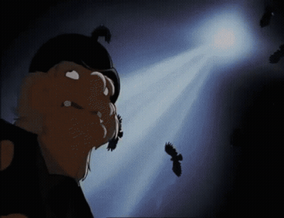 A Cartoon Character Is Standing In Front Of A Spotlight With Birds Flying Around Him GIF