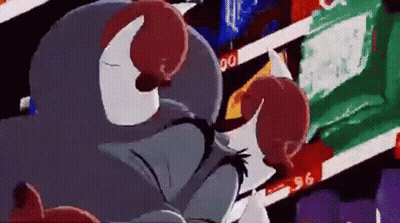 A Cartoon Character Is Standing In Front Of A Store Shelf With A Bag Of Chips On It . GIF