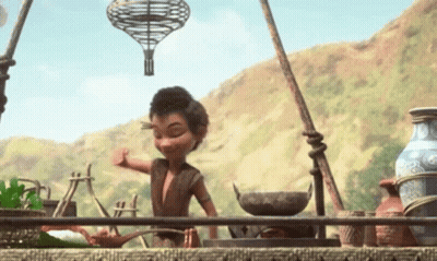 A Cartoon Character Is Standing In Front Of A Stove With A Hot Air Balloon Hanging From It . GIF
