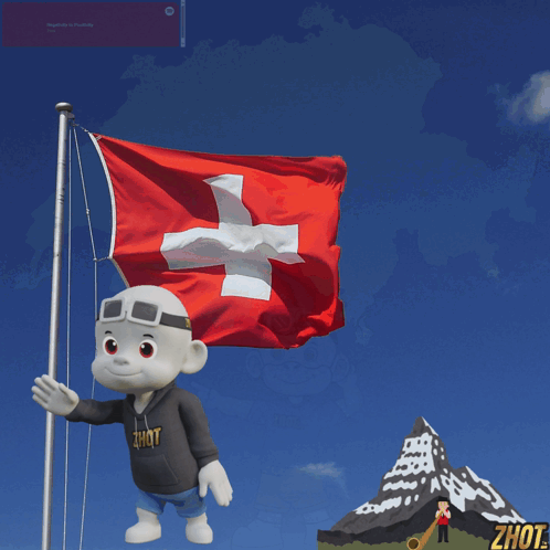 A Cartoon Character Is Standing In Front Of A Swiss Flag And A Mountain With The Word Zhot On It GIF