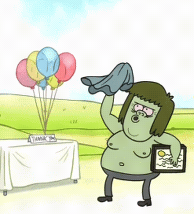 A Cartoon Character Is Standing In Front Of A Table With Balloons And A Thank You Sign GIF