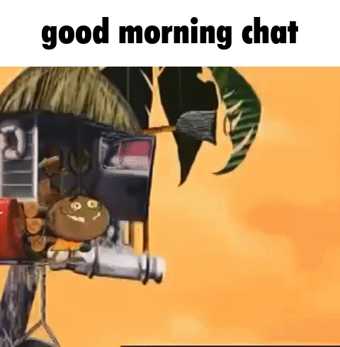 A Cartoon Character Is Standing In Front Of A Thatched Hut With The Words `` Good Morning Chat '' . GIF