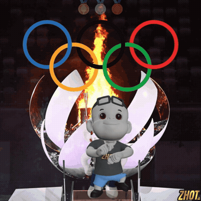 A Cartoon Character Is Standing In Front Of A Torch With The Olympic Rings Around It GIF