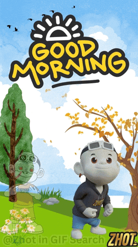 A Cartoon Character Is Standing In Front Of A Tree And Says Good Morning GIF