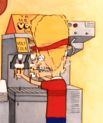 A Cartoon Character Is Standing In Front Of A Vending Machine That Says Volt Cola GIF