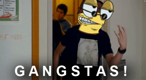 A Cartoon Character Is Standing In Front Of A Wall That Says Gangsta 'S On It GIF
