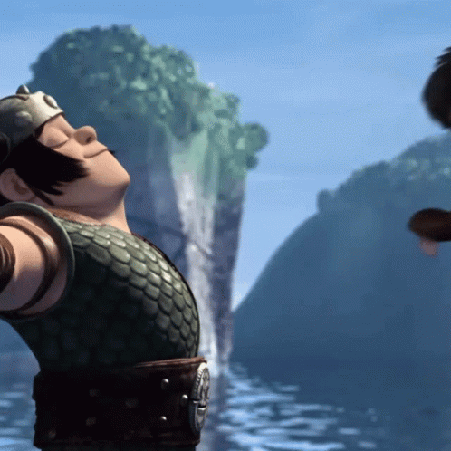 A Cartoon Character Is Standing In Front Of A Waterfall With His Eyes Closed GIF