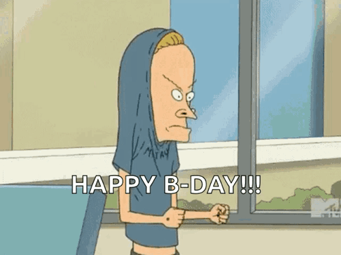 A Cartoon Character Is Standing In Front Of A Window And Says Happy B-Day !!! GIF