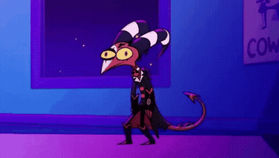 A Cartoon Character Is Standing In Front Of A Window In A Room With A Purple Background . GIF