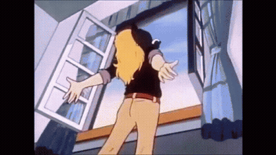 A Cartoon Character Is Standing In Front Of A Window With Her Arms Outstretched . GIF