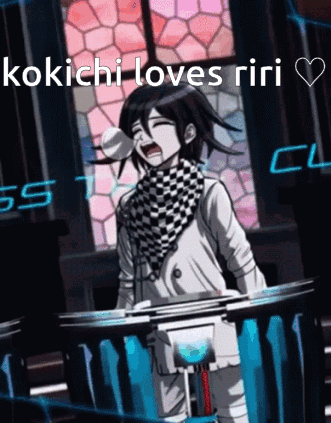 A Cartoon Character Is Standing In Front Of A Window With The Words `` Kokichi Loves Riri '' . GIF