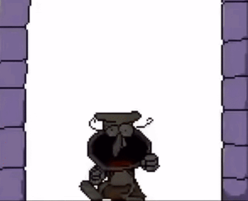 A Cartoon Character Is Standing In Front Of A Wooden Door . GIF
