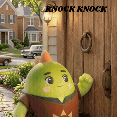 A Cartoon Character Is Standing In Front Of A Wooden Door That Says Knock Knock On It GIF
