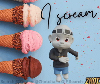 A Cartoon Character Is Standing In Front Of Ice Cream Cones With The Words " I Scream " Written On The Bottom GIF