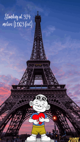 A Cartoon Character Is Standing In Front Of The Eiffel Tower Holding A Heart GIF