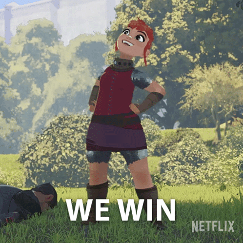 A Cartoon Character Is Standing In The Grass With The Words We Win Written On The Bottom GIF