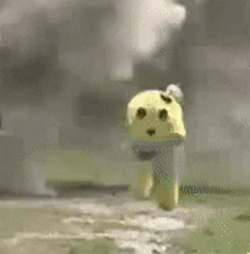 A Cartoon Character Is Standing In The Middle Of A Field With Smoke Coming Out Of It . GIF