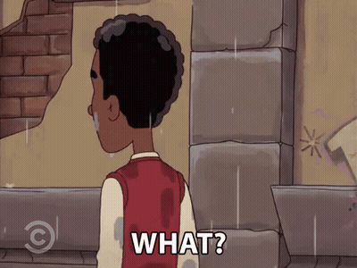 A Cartoon Character Is Standing In The Rain And Says " What " GIF