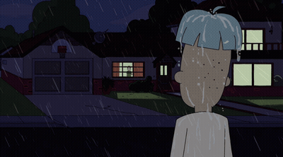 A Cartoon Character Is Standing In The Rain In Front Of A House With A Basketball Hoop GIF