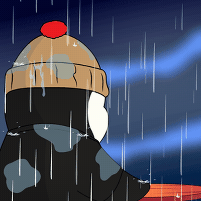 A Cartoon Character Is Standing In The Rain Wearing A Hat With A Red Pom Pom GIF