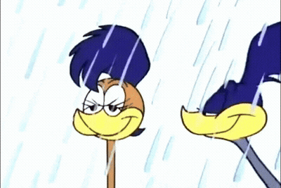A Cartoon Character Is Standing In The Rain With A Stick . GIF