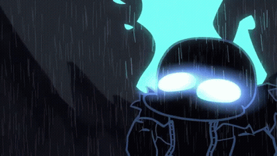 A Cartoon Character Is Standing In The Rain With Blue Eyes GIF