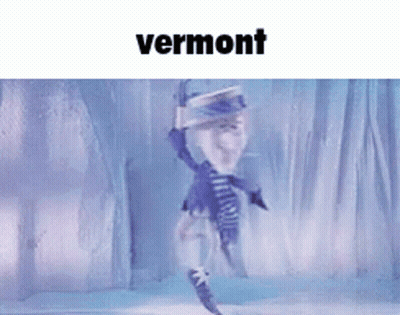 A Cartoon Character Is Standing In The Snow With The Word Vermont On The Bottom Of The Image . GIF
