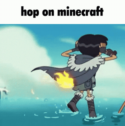 A Cartoon Character Is Standing In The Water With A Fire Coming Out Of His Back And The Words Hop On Minecraft Above Him GIF