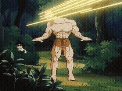 A Cartoon Character Is Standing In The Woods With A Beam Of Light Coming Out Of His Head GIF