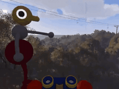 A Cartoon Character Is Standing In The Woods With A Remote Control GIF
