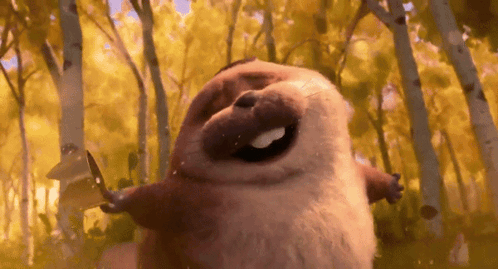 A Cartoon Character Is Standing In The Woods With Its Mouth Open GIF