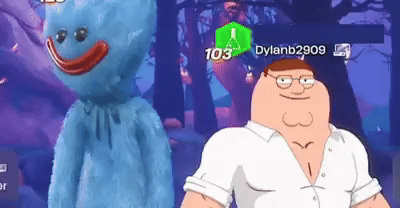 A Cartoon Character Is Standing Next To A Blue Stuffed Animal In A Video Game . GIF