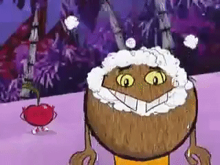 A Cartoon Character Is Standing Next To A Cherry . GIF