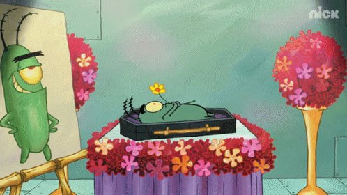 A Cartoon Character Is Standing Next To A Coffin With Flowers On It And A Nick Logo On The Bottom GIF